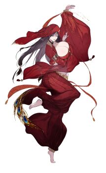 1girl arabian_clothes barefoot black_hair breasts cleavage dancer dancing full_body ge_tianzun harem_outfit harem_pants highres huge_breasts jewelry long_hair looking_at_viewer nail_polish original pants see-through_clothes smile solo standing standing_on_one_leg tiptoes transparent_background veil wide_sleeves