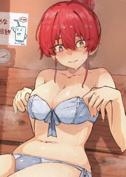 1girl absurdres bikini breasts collarbone commentary_request front-tie_bikini_top front-tie_top hair_bun highres hololive houshou_marine large_breasts looking_at_viewer mismatched_pupils navel parted_lips red_eyes red_hair sauna side-tie_bikini_bottom sitting solo sweat swimsuit thermometer white_bikini yakankome yellow_eyes
