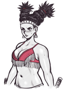 1girl bikini blush braid breasts cleavage dark-skinned_female dark_skin determined earrings headband highres jewelry lily_hawk midriff monochrome narrowed_eyes nire_(nirefuster) sketch solo street_fighter sweat swimsuit twin_braids upper_body