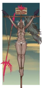 1girl absurdres armpits bell bird blood blood_on_face bound breasts commentary crow crucifixion dark-skinned_female dark_skin ebonyxh english_commentary english_text execution female_pubic_hair guro highres impaled nail_(hardware) nipple_piercing nipple_rings nipples nude original outdoors outstretched_arms piercing pointy_breasts polearm pubic_hair pussy restrained rope_around_neck scar scar_on_neck short_hair sign simple_background small_breasts eylin_eyla_(ebonyxh) solo spear spread_arms spread_eagle_position stationary_restraints steaming_body sweat uncensored very_sweaty weapon white_background white_hair white_pubic_hair