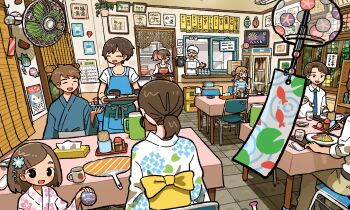 4boys 5girls absurdres basket black_eyes blue_kimono blue_necktie bow brown_hair chair closed_eyes coffee coffee_pot commentary_request cup cutlery door doorway eating electric_fan everyone food glasses hand_fan highres holding holding_basket indoors japanese_clothes kimono long_sleeves looking_at_viewer medium_hair multiple_boys multiple_girls necktie on_chair open_mouth original pants paper paper_fan photo_(object) poster_(medium) poster_(object) print_kimono restaurant shadow short_hair short_sleeves sitting smile table tao_(tao15102) television uchiwa window yellow_bow yellow_pants