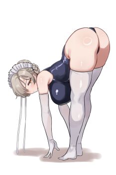 absurdres anger_vein angry ass azur_lane bent_over black_one-piece_swimsuit blush braid breasts brown_hair closed_mouth commentary_request elbow_gloves erufura glaring gloves hair_over_one_eye highres huge_breasts looking_at_viewer maid_headdress one-piece_swimsuit shadow sheffield_(azur_lane) short_hair sidelocks simple_background swimsuit thighhighs thighs white_background white_gloves white_thighhighs