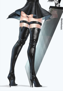 1boy 2b_(nier:automata) 2b_(nier:automata)_(cosplay) ass black_boots black_dress black_visor blindfold blonde_hair boots buster_sword cloud_strife commentary cosplay crossdressing crossdressing_(mtf) dress english_commentary final_fantasy final_fantasy_vii final_fantasy_vii:_ever_crisis high_heels jeriafterdark lower_body male_focus meme nier:automata nier_(series) reflection short_dress short_hair simple_background solo spiked_hair standing thigh_boots thighhighs twitter_username upskirt upward_angle_frieren_drawing_(meme) when_you_see_it white_background