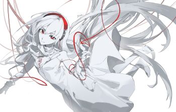 Rule 34 | 1girl, barefoot, cable, colored skin, doro c, dress, full body, hardcore syndrome, hardcore tano c, headphones, highres, j-core, long hair, looking at viewer, nannnnan, red eyes, simple background, solo, very long hair, white background, white dress, white hair, white skin