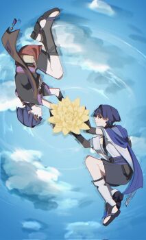 2boys armor arms_up belt black_belt black_bodysuit black_bow black_bridal_gauntlets black_eyes black_kimono black_sandals black_shorts black_sleeves blue_cape blue_sky blue_sleeves blunt_ends bodysuit bow bridal_gauntlets cape closed_mouth clothing_cutout cloud cloudy_sky dual_persona flower from_side furisode genshin_impact hakama hakama_shorts highres hip_vent holding holding_flower japanese_armor japanese_clothes kimono kote kurokote layered_shorts layered_sleeves leg_warmers lilixaxafj looking_at_another lotus lying multiple_boys on_liquid on_side pleated_shorts profile purple_hair purple_rope purple_sash purple_shorts purple_sleeves red_sash reflection reflective_liquid ripples rope sandals sash scaramouche_(genshin_impact) short_sleeves shorts sky smile split_mouth stirrup_legwear tassel toeless_legwear wanderer_(genshin_impact) white_leg_warmers white_sleeves wispy_bangs yellow_flower zouri