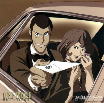 Rule 34 | 1997, 1boy, 1girl, applying makeup, applying own makeup, arsene lupin iii, black hair, brown hair, car, compact (cosmetics), cosmetics, couple, earrings, game console, highres, incoming gift, jacket, jewelry, letter, lipstick, lupin iii, makeup, mine fujiko, monochrome, motor vehicle, official art, open window, scorpio (symbol), sega saturn, short hair, smile, tuxedo, video game, window