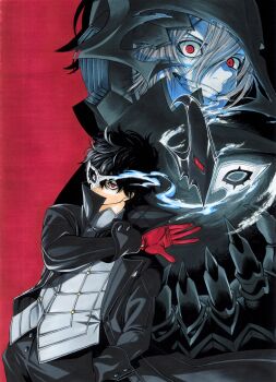 2boys amamiya_ren black_coat black_hair black_pants character_request coat commentary_request cowboy_shot eye_mask gloves grey_hair hand_in_pocket highres joker_(persona_5) mask miura_satoru multiple_boys pants persona persona_5 red_background red_eyes red_gloves shirt short_hair white_mask white_shirt