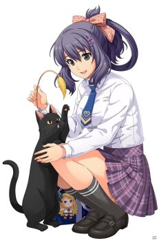Rule 34 | 1girl, akatsuki no kiseki, bag, bag charm, black cat, black shoes, black socks, blue bag, blue necktie, bow, breasts, cat, character charm, character request, charm (object), collared shirt, commentary request, contemporary, eiyuu densetsu, full body, hair bow, hair rings, highres, loafers, long sleeves, medium breasts, necktie, official art, open mouth, plaid clothes, plaid skirt, pleated skirt, purple eyes, purple hair, purple skirt, red bow, rixia mao, school bag, school uniform, shirt, shirt tucked in, shoes, simple background, single hair ring, skirt, smile, socks, squatting, third-party source, white background, white shirt
