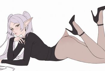 1girl ass black_shoes blush bootybear breasts closed_mouth earrings frieren from_side high_heels highres hooked_on_heel jewelry lace_pantyhose lace_pantyhose_hooked_on_heel_(meme) long_hair long_sleeves looking_at_viewer lying meme on_stomach pantyhose pointy_ears shoes simple_background sleeves_past_wrists solo sousou_no_frieren unfinished white_background