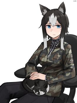 Rule 34 | 1girl, animal, animal ears, animal on lap, black cat, blue eyes, camouflage, camouflage jacket, cat, cat tail, chair, commentary, commission, dubok camouflage, english commentary, gamryous, headpat, highres, holding, holding animal, holding cat, jacket, ko winters, mole, mole under eye, multicolored cat, multicolored hair, on chair, on lap, original, patting, second-party source, simple background, sitting, tail, troubled, ukrainian clothes, vyshyvanka, whiskers, wolf ears, wolf girl