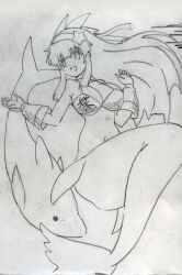 1girl absurdres bikini bikini_top_only breasts cleavage dolphin fingerless_gloves gloves hair_ribbon highres jewelry large_breasts long_hair looking_at_viewer mermaid monochrome monster_girl nakoruru navel necklace open_mouth pink_lips ribbon samurai_spirits sideboob sketch smile snk solo swimsuit the_king_of_fighters tongue traditional_media underwater very_long_hair water