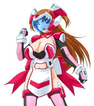 1girl armor blue_eyes breasts brown_hair cleavage clothing_cutout game_cg gan-chan_(artist) gloves headgear helmet hitozuma_sentai_aisaiger large_breasts large_variant_set long_hair magical_girl morisaki_miku navel navel_cutout no_panties non-web_source official_art one_eye_closed open_mouth pelvic_curtain pink_thighhighs saiger_rose smile solo thighhighs transparent_background two_side_up variant_set