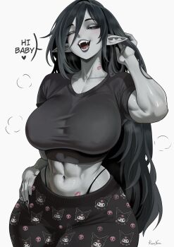 Rule 34 | 1girl, abs, absurdres, adventure time, alternate breast size (larger), alternate costume, arm at side, arm up, bite mark, bite mark on neck, black eyes, black hair, black lips, black nails, black pajamas, black shirt, blush, breasts, collarbone, colored skin, commentary, covered erect nipples, cowboy shot, crew neck, crop top, english commentary, english text, fangs, grey skin, hair between eyes, half-closed eyes, hand in own hair, hand on own hip, heart, highleg, highleg panties, highres, huge breasts, kalennoir, kuromi, legs together, linea alba, lipstick mark, lipstick mark on neck, lipstick mark on stomach, long hair, looking at viewer, marceline abadeer, muscular, muscular female, my melody (series), navel, one eye closed, open mouth, pajamas, panties, pointy ears, saliva, sanrio, shirt, sidelocks, simple background, solo, squeans, teeth, underwear, vampire, very long hair, white background, wide hips