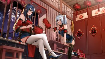 2girls :d :o aerial_fireworks ahoge ankle_bell ankle_boots architecture bare_shoulders bell bili_girl_22 bili_girl_33 bilibili black_thighhighs blanket blue_boots blue_dress blue_hair blue_shoes boots bracelet breasts cabinet calligraphy_brush china_dress chinese_clothes chinese_commentary chinese_new_year chinese_paper-cut crossed_legs dao_fu detached_sleeves doufang dress earrings east_asian_architecture endless_knot eyeshadow fireworks floral_print foot_out_of_frame freeze_(867139) fur-trimmed_boots fur_trim good_fortune_symbol grey_hair hair_bell hair_between_eyes hair_ornament hair_ribbon hairclip high_heel_boots high_heels highres holding holding_calligraphy_brush holding_paintbrush indoors jewelry jingle_bell kneeling lantern leaning_forward lightning_ahoge long_hair looking_at_another makeup medium_breasts multiple_girls nail_polish night one_side_up open_mouth paintbrush paper_lantern patterned_hair pen_holder peony_print print_dress red_dress red_eyes red_eyeshadow red_nails red_ribbon red_sleeves ribbon shoes short_dress short_hair short_sleeves siblings side_slit sisters sitting sleeveless sleeveless_dress small_breasts smile stool stuffed_animal stuffed_tiger stuffed_toy table tassel tassel_earrings thighhighs three-quarter_sleeves two-tone_dress white_thighhighs window writing yaopei