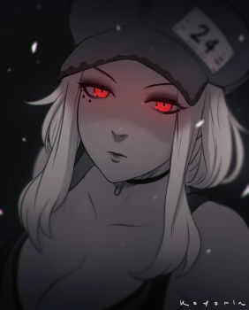 1girl artist_name breasts choker cleavage close-up closed_mouth coco_(code_vein) code_vein eye_focus female_focus glowing glowing_eyes hat koyorin large_breasts lips looking_at_viewer red_eyes short_hair_with_long_locks solo spot_color