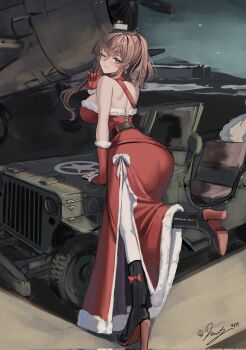 1girl aircraft airplane ass blue_eyes boots breasts brown_hair car dimos_(dawn_1945) dress f6f_hellcat fur-trimmed_dress fur_trim high_heel_boots high_heels high_side_ponytail highres kantai_collection knee_boots large_breasts leg_up long_hair military_jeep military_vehicle motor_vehicle ponytail propeller_fighter santa_costume santa_dress saratoga_(kancolle) side_ponytail solo