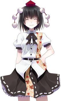 Rule 34 | 1girl, arm behind back, belt, black belt, black bow, black bowtie, black hair, black skirt, bow, bowtie, breasts, buttons, closed eyes, collared shirt, commentary request, cowboy shot, crote, facing viewer, frilled skirt, frills, hand on own hip, hat, highres, large variant set, leaf print, legs apart, maple leaf print, puffy short sleeves, puffy sleeves, red hat, ribbon-trimmed skirt, ribbon trim, shameimaru aya, shirt, short hair, short sleeves, skirt, sleeve cuffs, smile, solo, standing, tachi-e, teeth, tokin hat, touhou, transparent background, variant set, white shirt
