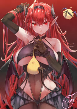 1girl ahoge arm_up armpits azur_lane bare_shoulders black_gloves black_hairband black_horns black_leotard black_pantyhose black_wings breasts covered_navel curled_horns demon_girl demon_horns elbow_gloves gloves hair_between_eyes hairband highres hindenburg_(azur_lane) holding horns huge_breasts irohara leotard long_hair looking_at_viewer open_mouth pantyhose pointy_ears red_background red_eyes red_hair sideboob skirt solo underboob very_long_hair wings
