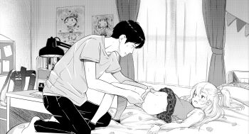 1boy 1girl age_difference backpack bag blush bunting curtains desk desk_lamp food-themed_hair_ornament food_print from_side fruit_print greyscale hair_ornament hetero highres indoors lamp loli long_hair long_sleeves lying mayafufu monochrome on_bed one_side_up open_mouth original panties pants panty_pull print_bed_sheet pulling_another&#039;s_clothes randoseru shirt short_hair skirt socks strawberry_hair_ornament strawberry_print sweat underwear unworn_backpack unworn_bag vest webp-to-png_conversion window