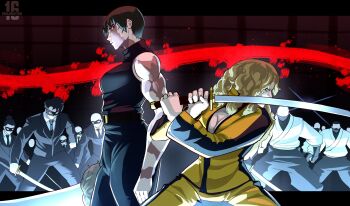Rule 34 | 2girls, absurdres, ace (imajination16), beatrix kiddo, black hair, black pants, black shirt, black suit, blonde hair, breasts, bruce lee's jumpsuit, cleavage, crazy 88, formal clothes, highres, holding, holding sword, holding weapon, jacket, jujutsu kaisen, kill bill, long hair, mask, multiple boys, multiple girls, ninja, pants, scar, scar on arm, scar on face, shirt, short hair, sleeveless, suit, surrounded, sword, uma thurman, weapon, yellow jacket, yellow pants, zen'in maki, zen'in maki (post shibuya)