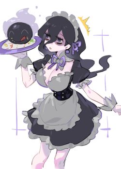 1girl alternate_breast_size_(larger) alternate_costume apron bags_under_eyes black_dress black_hair breasts cleavage commentary dress earrings enmaided floating_hair frilled_apron frills gastly gen_1_pokemon hair_between_eyes hex_maniac_(pokemon) hex_maniac_(pokemon_legends:_z-a) holding holding_tray jewelry large_breasts long_hair maid maid_headdress nintendo pokemon pokemon_(creature) pokemon_legends:_z-a puffy_short_sleeves puffy_sleeves purple_eyes raine_(acke2445) short_sleeves simple_background solo symbol-only_commentary tray waist_apron white_apron white_background wrist_cuffs
