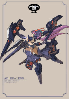 Rule 34 | 1girl, advance of zeta, advance of zeta re-boot, arched back, ass, back, black gloves, breasts, character request, closed mouth, commentary request, detached collar, energy gun, energy weapon, from behind, full body, gloves, green eyes, gun, gundam, highres, holding, holding gun, holding weapon, kenki fujioka, leotard, logo, long hair, looking at viewer, mecha, mecha musume, medium breasts, open hand, outstretched arm, personification, playboy bunny, ponytail, profile, purple hair, robot, science fiction, smile, solo, strapless, strapless leotard, thighs, very long hair, weapon, wrist cuffs