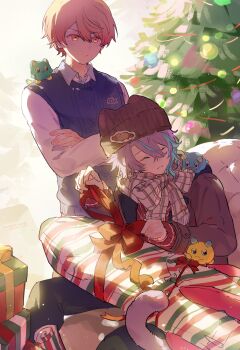 2boys box christmas_tree closed_eyes closed_mouth commentary crossed_arms english_commentary gift gift_box highres kamishiro_rui long_sleeves multiple_boys project_sekai red_ribbon ribbon sadin2013 smile tail tenma_tsukasa