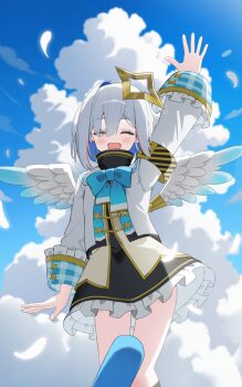 1girl amane_kanata amane_kanata_(1st_costume) black_skirt black_socks blue_bow blue_bowtie blue_hair blue_sky blush bow bowtie closed_eyes cloud colored_inner_hair commentary_request feathers feet_out_of_frame glowstick grey_hair halo hand_up highres hololive jacket kneehighs multicolored_hair open_mouth outdoors penlight_(glowstick) pink_hair single_hair_intake skirt sky smile socks solo star_halo streaked_hair tearing_up tilted_halo virtual_youtuber waving white_jacket wings yoru_no_yayoi