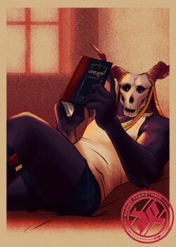 Rule 34 | 1boy, artist logo, black male underwear, book, boxers, commentary, daggerprometheus, elias ainsworth, english commentary, garter straps, highres, holding, holding book, horns, indian text, logo, lying, mahou tsukai no yome, male focus, male underwear, on back, on bed, open book, reading, red eyes, sanskrit, shirt, skull head, sleeveless, sleeveless shirt, slit pupils, tank top, translation request, underwear, white shirt, white tank top, window