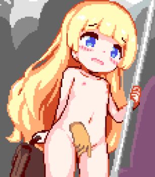 1girl animated animated_gif blonde_hair blue_eyes blue_skirt blush censored chikan cleft_of_venus cum cum_in_pussy cum_overflow cumdrip disembodied_hand disembodied_penis fingering hetero hinainf loli long_hair lowres molestation mosaic_censoring nude open_mouth panties penis pink_panties pixel_art public_indecency pussy sex sex_from_behind shirt skirt solo_focus standing tears through_clothes train_interior underwear vaginal zenra