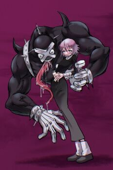 1other androgynous blue_eyes blush crona_(soul_eater) dress hair_between_eyes hashtag-only_commentary highres looking_to_the_side muscular myoart pink_hair ragnarok_(soul_eater) saliva short_hair shy simple_background soul_eater tongue tongue_out