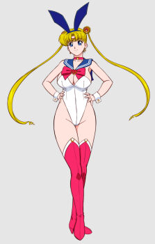 1girl bishoujo_senshi_sailor_moon blonde_hair blue_eyes boots breasts cameltoe choker circlet cleavage covered_erect_nipples crescent crescent_earrings double_bun earrings hair_bun hair_ornament hands_on_own_hips heart heart_choker high_heel_boots high_heels highleg highleg_leotard highres jewelry large_breasts lento_(glamour_works) leotard looking_at_viewer parted_bangs playboy_bunny red_boots red_choker sailor_moon smile solo thick_thighs thigh_boots thighs tsukino_usagi twintails white_leotard wrist_cuffs
