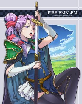 1girl armor black_cape breasts bridal_gauntlets cape commentary_request copyright_name fire_emblem fire_emblem:_genealogy_of_the_holy_war highres holding holding_sword holding_weapon long_hair looking_at_viewer medium_breasts nintendo pauldrons purple_eyes purple_hair shoulder_armor sitting solo sword thighs tine_(fire_emblem) tongue tongue_out twintails umipro weapon