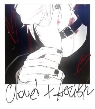 1boy 1girl aerith_gainsborough animal_collar black_background black_choker black_nails black_shirt bruise bruise_on_neck character_name choker cloud_strife collar final_fantasy final_fantasy_vii hand_on_another&#039;s_neck hetero hickey highres holding_another&#039;s_wrist injury monochrome nail_polish polaroid_photo sageixx shirt short_hair