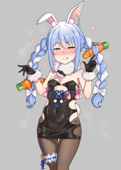 1girl absurdres animal_ears black_gloves black_leotard black_pantyhose blue_hair blush braid breasts closed_mouth clothing_cutout condom_belt cutout_above_navel don-chan_(usada_pekora) fur-trimmed_gloves fur_trim gloves gozaru highres hololive leotard long_hair multicolored_hair pantyhose rabbit_ears rabbit_girl rabbit_tail red_eyes short_eyebrows small_breasts smile solo strapless strapless_leotard tail tongue tongue_out twin_braids two-tone_hair usada_pekora usada_pekora_(1st_costume) virtual_youtuber white_hair