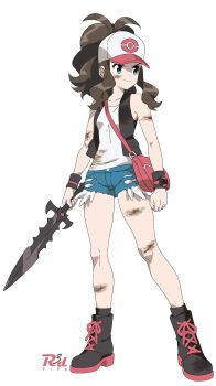 1girl bag black_boots black_socks black_vest blood blue_shorts boots brown_hair commentary cuts exposed_pocket full_body hat highres hilda_(pokemon) holding holding_sword holding_weapon injury knees looking_to_the_side nintendo open_clothes open_vest pokemon pokemon_black_and_white r3dfive shirt short_shorts shorts shoulder_bag sidelocks sleeveless sleeveless_shirt socks solo standing sword transparent_background vest weapon white_hat white_shirt wristband