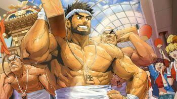 Rule 34 | 3boys, 3girls, artist request, bald, beard, blonde hair, brown hair, chitose kei, commentary, english commentary, facial hair, genryuusai maki, hachimaki, headband, hibiki dan, highres, kasugano sakura, large pectorals, male focus, midriff, mikoshi, multiple boys, multiple girls, muscular, muscular male, nejiri hachimaki, no nipples, official art, pectorals, retsu (street fighter), ryu (street fighter), short hair, street fighter, street fighter 6, sweat, topless male