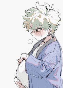 Rule 34 | 1boy, blush, bones (company), dja83 kuma, freckles, green eyes, green hair, male pregnancy, midoriya izuku, omegaverse, pregnant, shounen jump, shueisha