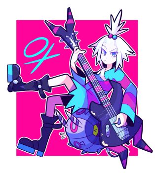 Rule 34 | > <, 1girl, absurdres, aqua eyes, bass guitar, black boots, boots, bow, closed eyes, closed mouth, commentary, dress, english commentary, flying sweatdrops, full body, gen 5 pokemon, hair bow, highres, holding, holding bass guitar, holding instrument, holding plectrum, instrument, long sleeves, mekaranger, nintendo, outline, plectrum, pokemon, pokemon (creature), pokemon bw2, raised eyebrow, roxie (pokemon), striped clothes, striped dress, topknot, two-tone dress, whirlipede, white hair, white outline