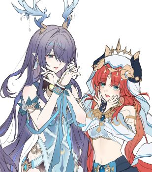 2girls :d antlers bare_shoulders black_horns blue_dress blue_eyes blue_gemstone breasts brooch circlet clothing_cutout commentary curled_horns dancer deer_antlers deer_girl dress earrings fake_horns gem genshin_impact gold gold_trim hair_intakes hair_over_one_eye harem_outfit hashtag-only_commentary height_difference highleg highleg_dress highres hood hood_down horns jewelry lauma_(genshin_impact) leaf light_blush linea_alba long_hair long_sleeves looking_at_another medium_breasts midriff multiple_girls multiple_rings navel nilou_(genshin_impact) one_eye_covered open_mouth pink_pupils pointy_ears pose_imitation puffy_long_sleeves puffy_sleeves purple_hair red_eyes red_hair ring shrug_(clothing) side_cutout side_slit simple_background smile sp0i0ppp symbol-only_commentary symbol-shaped_pupils upper_body upturned_eyes veil very_long_hair white_background white_shrug white_veil wrist_cuffs x_arms
