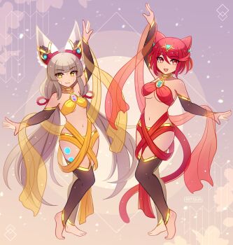 2girls :d animal_ears arm_up bare_shoulders barefoot breasts cat_ears chest_jewel closed_mouth dancer dancing enni facial_mark full_body highres kemonomimi_mode long_hair medium_breasts multiple_girls navel nia_(blade)_(xenoblade) nia_(xenoblade) open_mouth pyra_(xenoblade) red_eyes red_hair small_breasts smile tiara very_long_hair xenoblade_chronicles_(series) xenoblade_chronicles_2 yellow_eyes