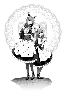 2girls absurdres aged_down aged_up alternate_costume animal_ears apron black_pantyhose breasts cat_ears child commentary_request dress eibon enmaided frills full_body greyscale highres holding holding_tray long_hair looking_at_viewer maid maid_apron maid_headdress mary_janes mayqueen_maid_uniform medium_breasts monochrome multiple_girls open_mouth pantyhose puffy_sleeves science_adventure shiina_kagari shoes short_sleeves simple_background small_breasts smile standing steins;gate steins;gate_0 time_paradox tray waist_apron