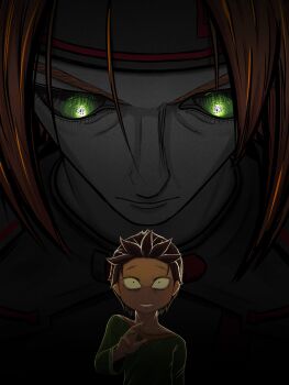 armor black_armor black_eyes black_hair blank_stare green_eyes green_shirt headband highres jacbrom layered_sleeves natsuki_subaru orange_hair re:zero_kara_hajimeru_isekai_seikatsu scared shirt short_hair todd_fang