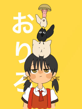 1girl absurdres animal animal_on_head ascot axolotl backpack bag bird blush_stickers bowl brown_eyes cat dress hair_bobbles hair_ornament highres holding holding_bowl kaai_yuki kyoufuu_all_back_(vocaloid) looking_up nurumayu_(user_jvap8277) on_head parody randoseru red_ascot red_bag red_dress shirt short_twintails simple_background solo_focus style_parody text_background twintails upper_body vocaloid white_shirt yellow_background