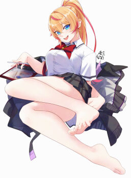 1girl akira_miku_ver barefoot blonde_hair blue_eyes feet highres long_hair looking_at_viewer multicolored_hair open_mouth original ponytail soles streaked_hair stylus tablet_pc toes