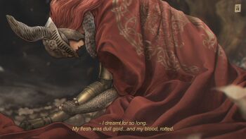 1girl absurdres aminimint armor cape caption covered_eyes crest elden_ring english_text fur_collar gold_armor helmet helmet_over_eyes highres holding_own_arm kneeling long_hair malenia_blade_of_miquella on_ground prosthesis prosthetic_arm red_cape red_hair scar scar_on_arm sigil talking valkyrie winged_helmet