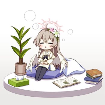 1girl black_pantyhose blue_archive book brown_hair chibi closed_eyes dress flower gesupi_(provlemsolver57) hair_flower hair_ornament halo long_hair nagisa_(blue_archive) open_book open_mouth pantyhose pink_flower red_halo sitting sitting_on_pillow solo tissue_box white_background white_dress white_flower white_wings wings