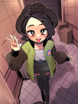 1boy alley black_hair black_skirt black_thighhighs blush box brown_eyes crossdressing crossdressing_(mtf) fellatio_gesture handjob_gesture hat highres initsukkii jacket mask mega_ring mouth_mask nintendo paxton_(pokemon) pokemon pokemon_legends:_z-a skirt surgical_mask thighhighs tongue tongue_out trap