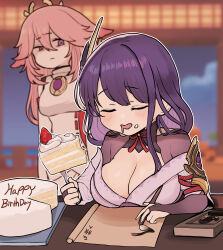 2girls animal_ears annoyed armor bare_shoulders blunt_bangs blurry blurry_background blush breasts bridal_gauntlets cake cake_slice calligraphy_brush calligraphy_brush_(medium) chroong cleavage closed_eyes closed_mouth clothing_cutout cloud cloudy_sky detached_sleeves drooling fan_hair_ornament food food_on_face fork fox_ears fox_girl friends fruit genshin_impact gradient_hair hair_between_eyes hair_ornament head_tilt headpiece highres holding holding_brush holding_fork huge_breasts indoors ink japanese_clothes jewelry kimono korean_commentary large_breasts leaning_forward long_hair long_sleeves looking_down looking_to_the_side mixed-language_commentary mouth_drool multicolored_hair multiple_girls neck_ribbon night night_sky no_mole off_shoulder open_mouth paintbrush paper pendant purple_eyes purple_hair purple_kimono raiden_shogun red_ribbon ribbon shade shaded_face shoulder_armor shoulder_cutout sitting sky sleeping squinting standing strawberry sweets wide_sleeves yae_miko
