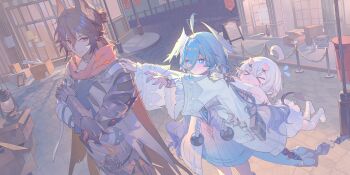 &gt;_&lt; 1boy 2girls :&lt; absurdres ahoge animal_ears bandaged_leg bandages black_hair blue_eyes blue_hair blue_nails blush bottle box cape chinese_commentary closed_mouth commentary_request detached_sleeves dress duet_night_abyss fina_(duet_night_abyss) fingernails gauntlets hair_between_eyes highres horns huge_ahoge luzi/fengli_nanzi multiple_girls nail_polish outsider_(duet_night_abyss) pointy_ears red_cape red_eyes single_gauntlet snow_(duet_night_abyss) sweatdrop white_hair white_sleeves